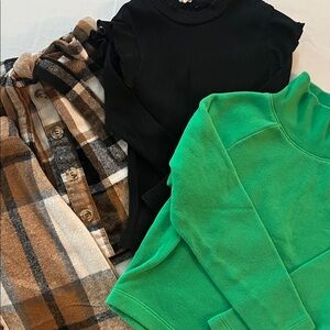 Plaid Shirt, Black Top, and Green Sweater Set